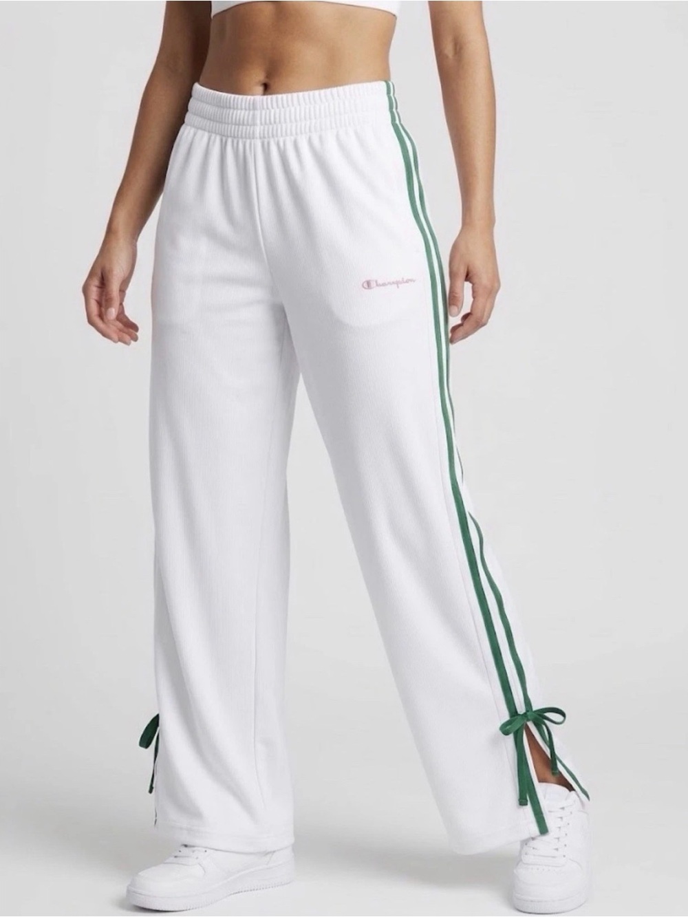 Champion White Wide-Leg Track Pants with Green Side Stripes and Hem Ties